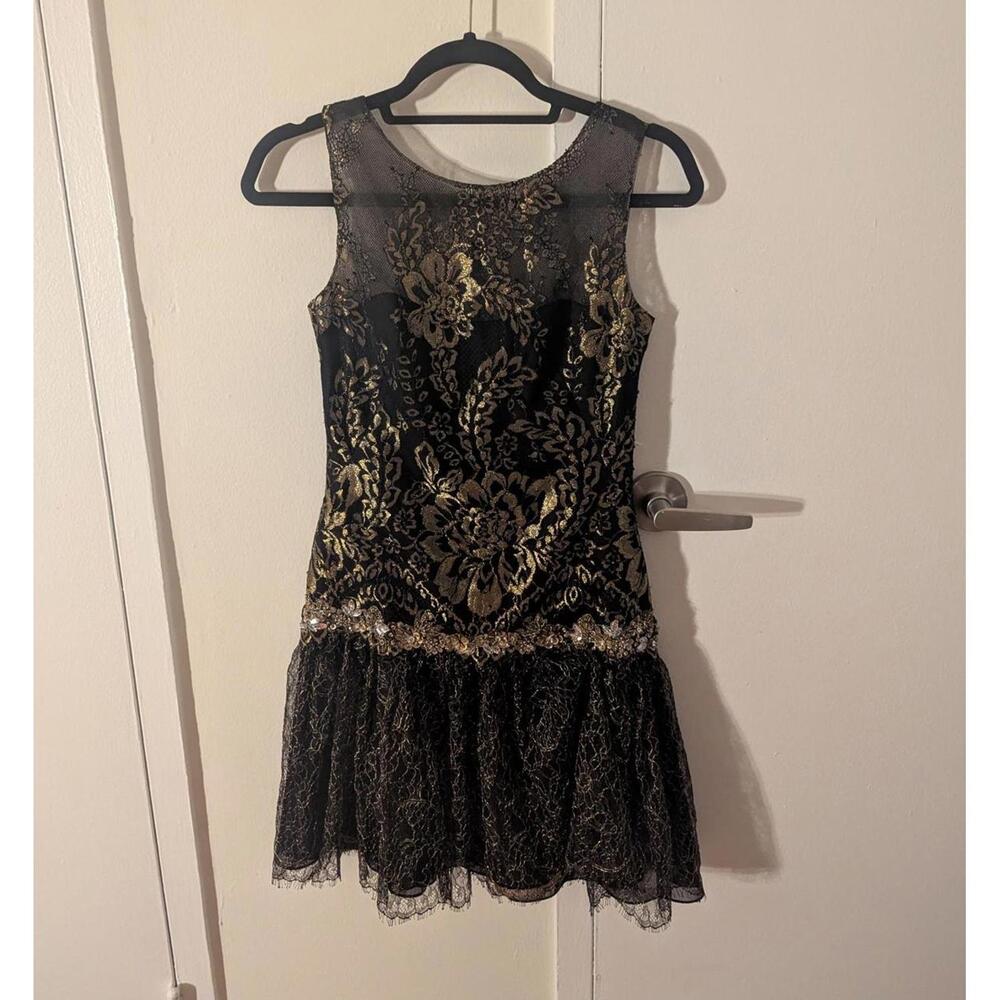 Marchesa Notte metallic embroidered black and gold lace dress